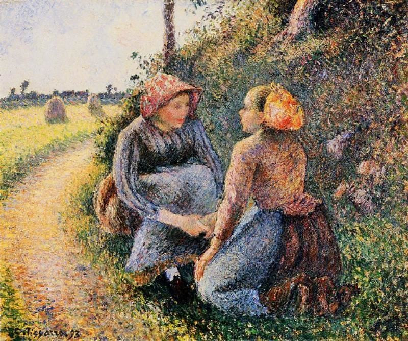 Seated And Kneeling Peasants by Camille Pissarro