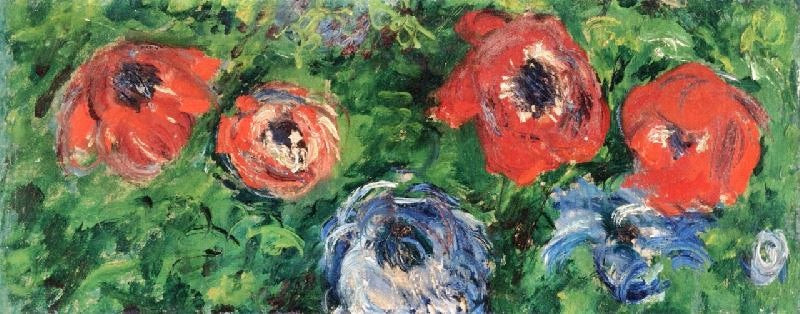 ANEMONES AND TULIPS IN A BLUE VASE