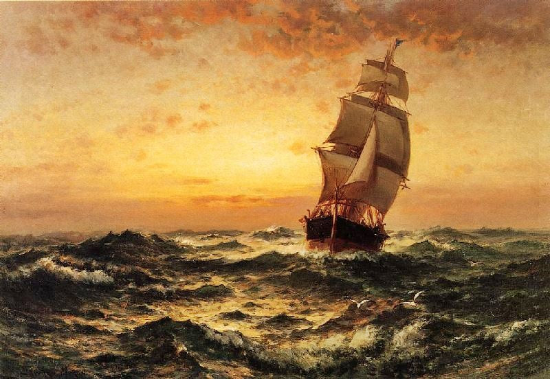 Ship At Sea, Sunset by Edward Moran