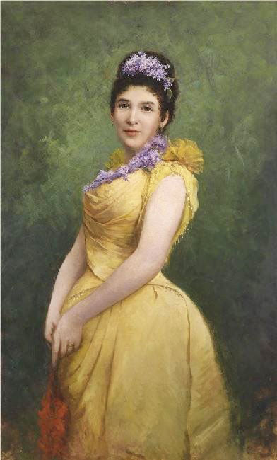 Lady In A Yellow Dress And Lilac In Her Hair by Adolf Echtler
