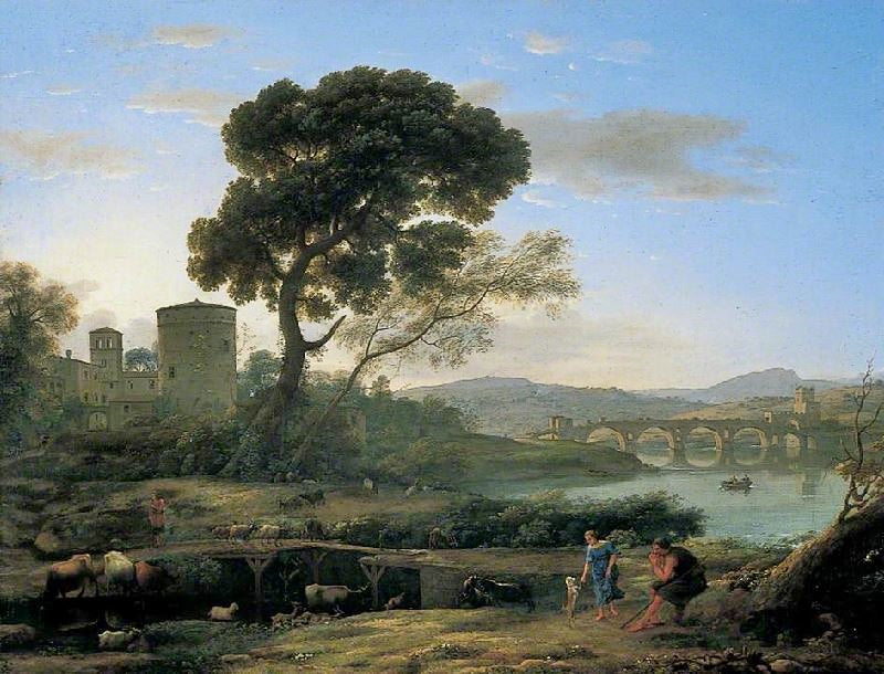 Landscape Near Rome With A View Of The Ponte Molle by Claude Lorrain (Gellée)