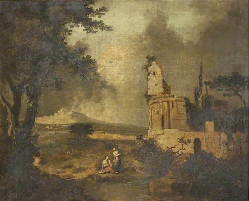 FIGURES CONVERSING IN THE FOREGROUND; IN THE DISTANCE, BETHLEHEM