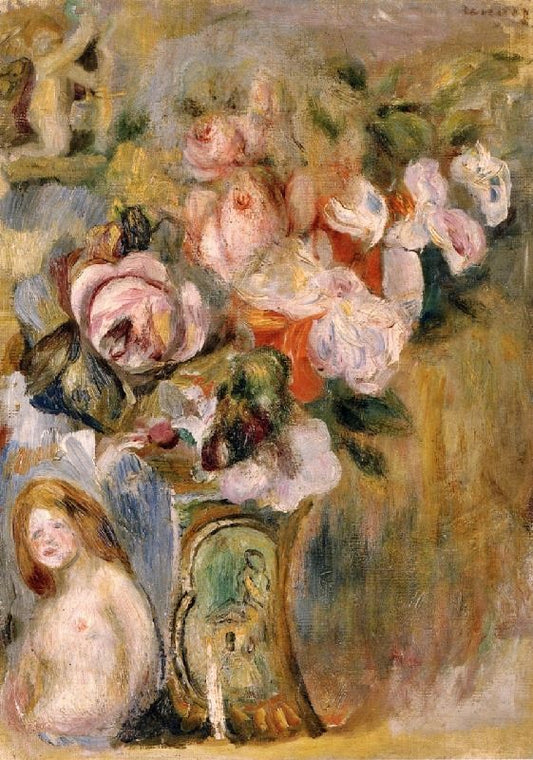 Vase Of Flowers And A Woman by Pierre Auguste Renoir