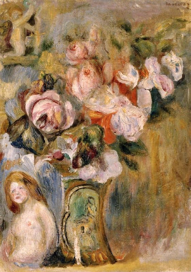 Vase Of Flowers And A Woman by Pierre Auguste Renoir