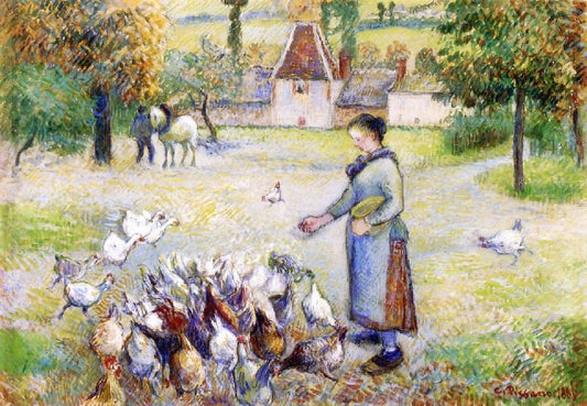 Woman Distributing Grain To The Chickens, Farm In Bazincourt by Camille Pissarro