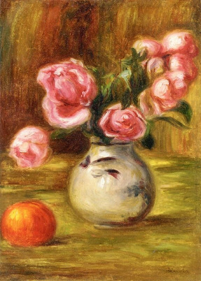 Vase Of Roses And An Orange by Pierre Auguste Renoir