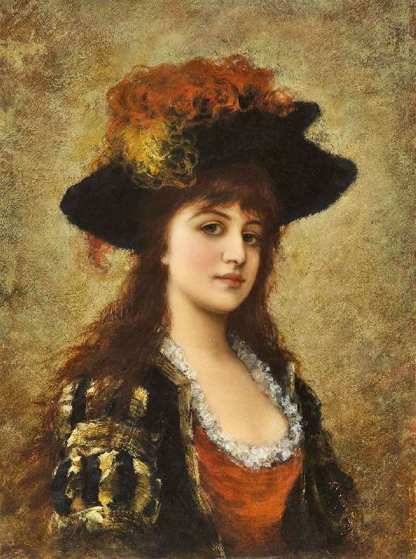 A Young Beauty With Feathered Hat by Emile Eisman-Semenowsk