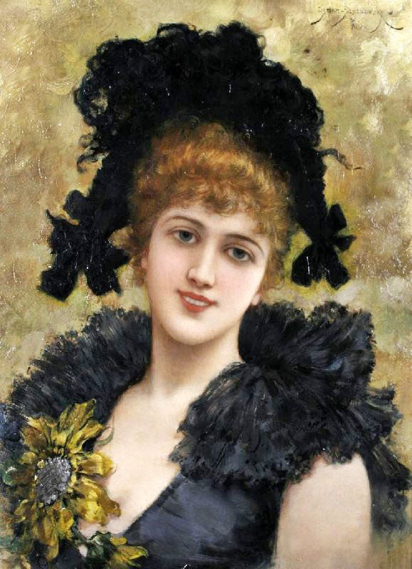 Portrait Of A Young Lady In A Black Dress With A Sunflower by Emile Eisman-Semenowsk