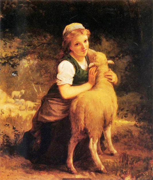 Young Girl With Lamb by Emile Munier