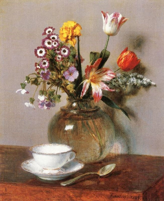 Vase Of Flowers With A Coffee Cup by Henri Fantin-Latour