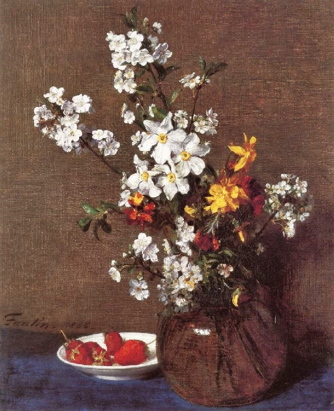 Vase Of Flowers With A Plate Of Strawberries by Henri Fantin-Latour