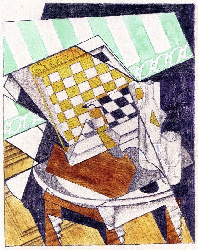 CHECKERBOARD, BOTTLE AND GLASS ON A TABLE