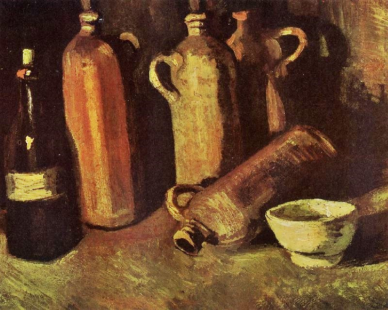 Still Life With Four Stone Bottles, Flask And White Cup by Vincent van Gogh