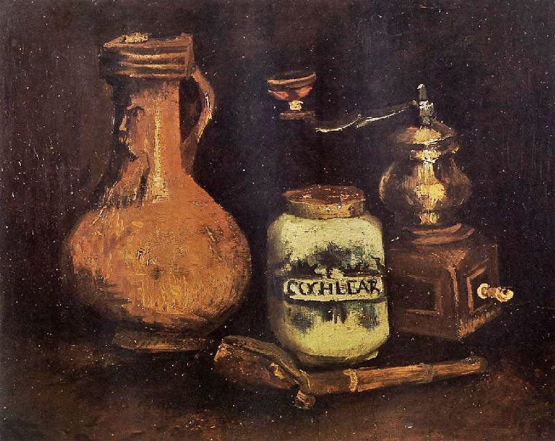 STILL LIFE WITH COFFEE MILL, PIPE CASE AND JUG