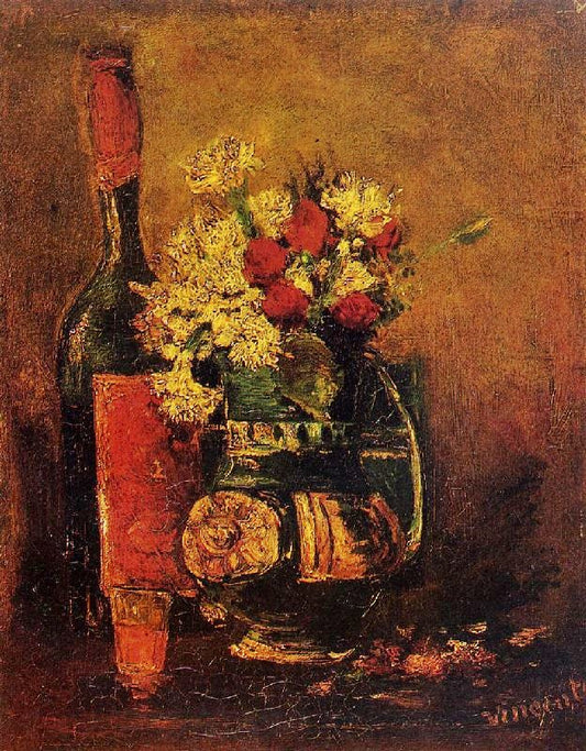 Vase With Carnations And Roses And A Bottle by Vincent van Gogh