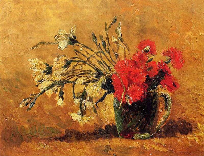 Jug With Red And White Carnations On A Yellow Background by Vincent van Gogh