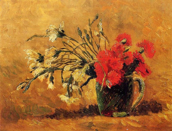 Jug With Red And White Carnations On A Yellow Background by Vincent van Gogh
