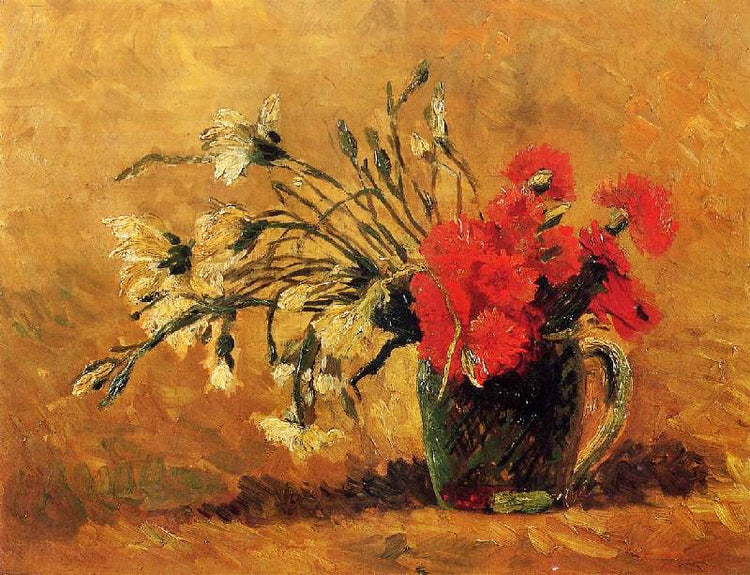 Jug With Red And White Carnations On A Yellow Background by Vincent van Gogh
