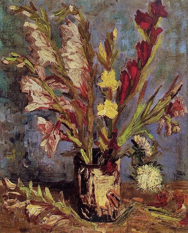 VASE WITH GLADIOLI AND CHINA ASTERS