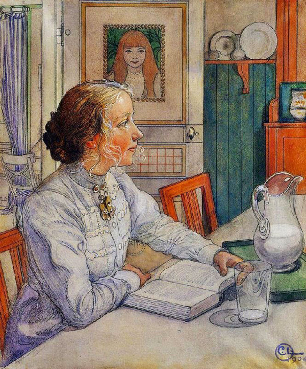 My Eldest Daughter, Suzanne With Milk And Book by Carl Larsson
