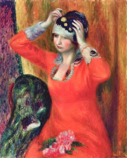 Girl In Red Dress Pinning On Hat by William James Glackens