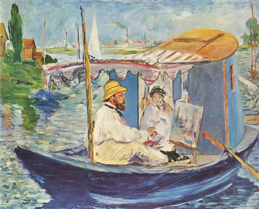 Claude Monet Working In His Atelier Boat by Édouard Manet