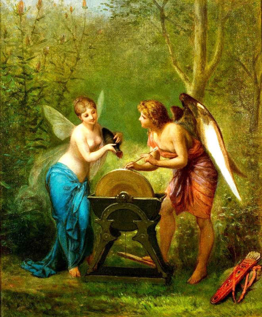 A Cupid And A Fairy Sharpening The Arrows by Henri Pierre Picou