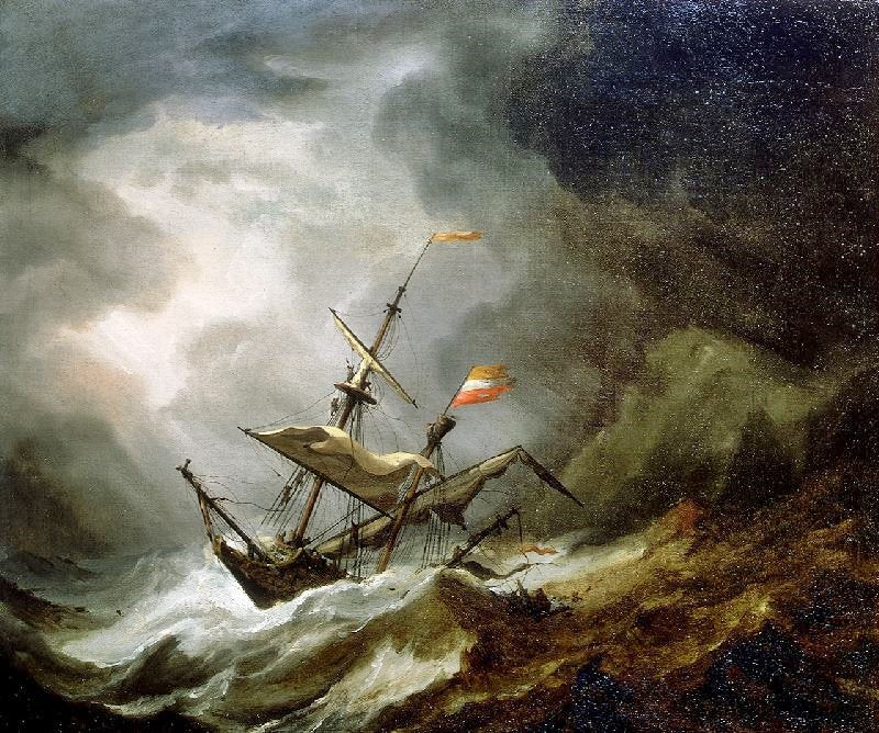 A Mediterranean Brigantine Drifting Onto A Rocky Coast In A Storm by Willem van de Velde