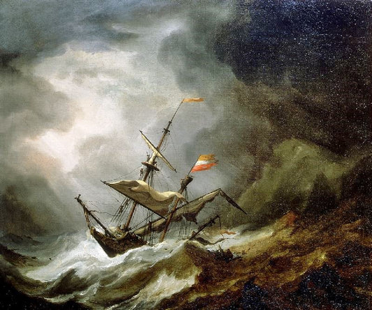 A Mediterranean Brigantine Drifting Onto A Rocky Coast In A Storm by Willem van de Velde