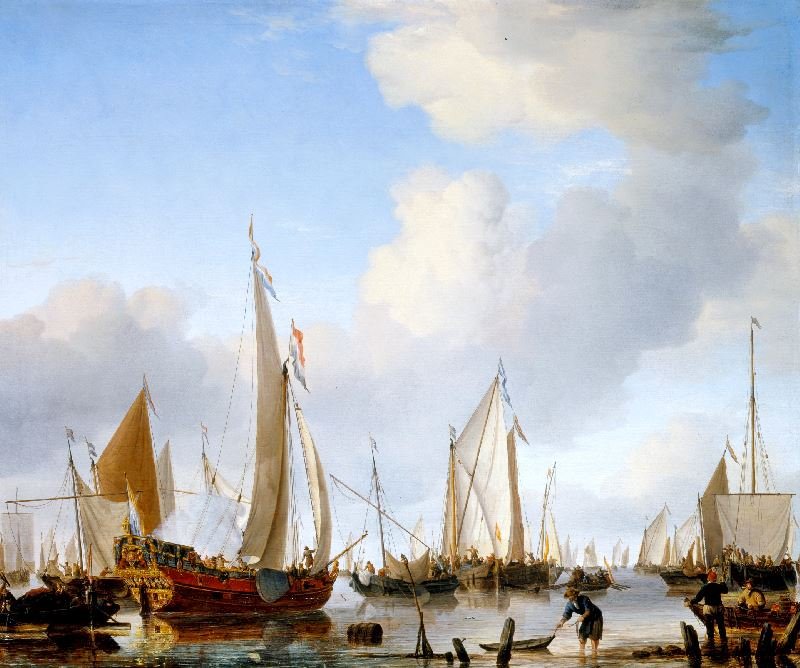 Calm, A States Yacht Under Sail Close To The Shore With Many Other Vessels by Willem van de Velde