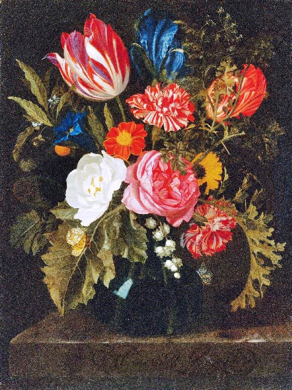 Still Life Of Roses, Carnations, A Tulip And Other Flowers In A Glass Vase by Maria van Oosterwijck