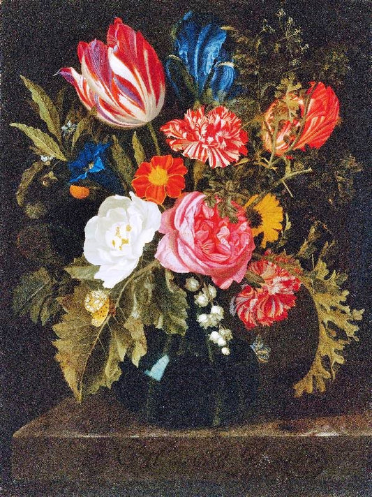 Still Life Of Roses, Carnations, A Tulip And Other Flowers In A Glass Vase by Maria van Oosterwijck