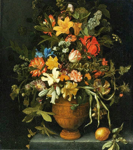 A Floral Still Life With Yellow And White Lilies, An Iris, A Sunflower, A Narcissus, Etc. by Maria van Oosterwijck