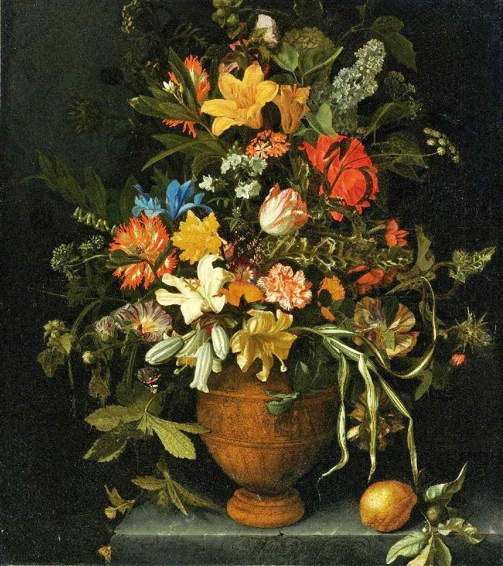 A Floral Still Life With Yellow And White Lilies, An Iris, A Sunflower, A Narcissus, Etc. by Maria van Oosterwijck