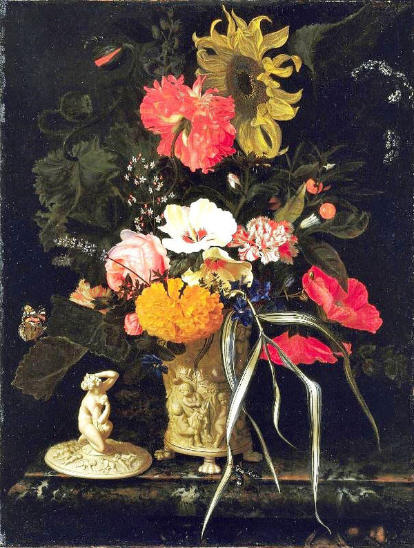 Flowers In A Vase With Embossed Decorations by Maria van Oosterwijck