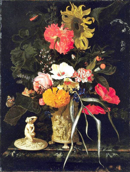Flowers In A Vase With Embossed Decorations by Maria van Oosterwijck