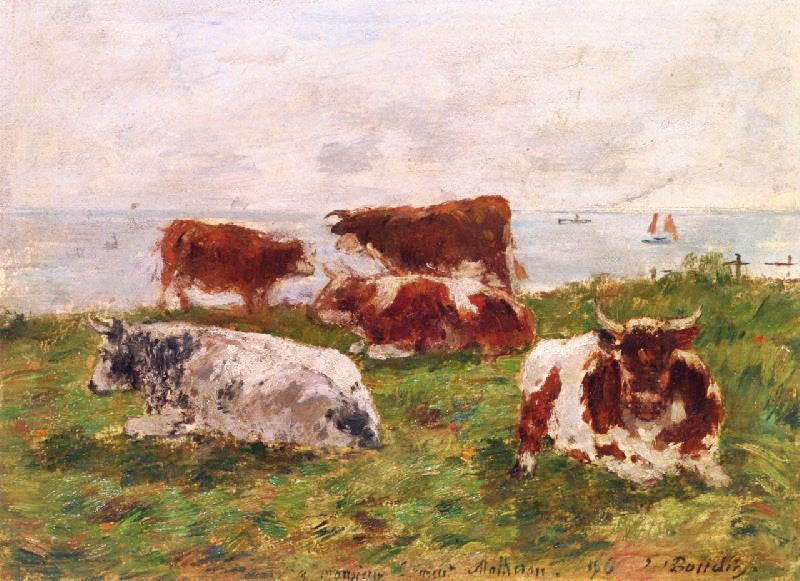 Cows In A Meadow By The Sea by Eugène-Louis Boudin
