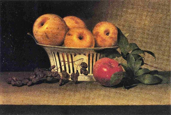 Still Life With Raisins, Yellow And Red Apples In Porcelain Basket by Raphaelle Peale