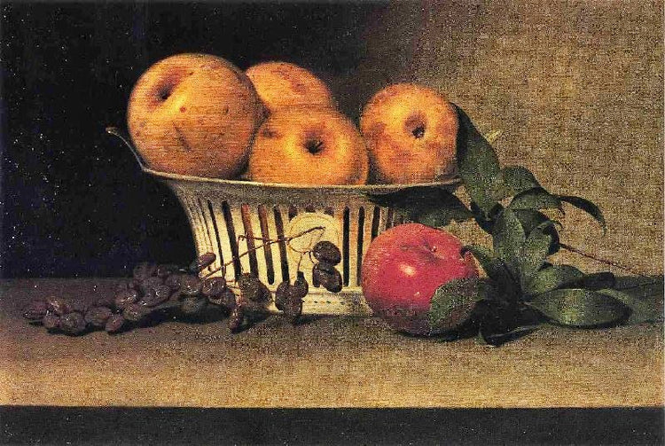 Still Life With Raisins, Yellow And Red Apples In Porcelain Basket by Raphaelle Peale