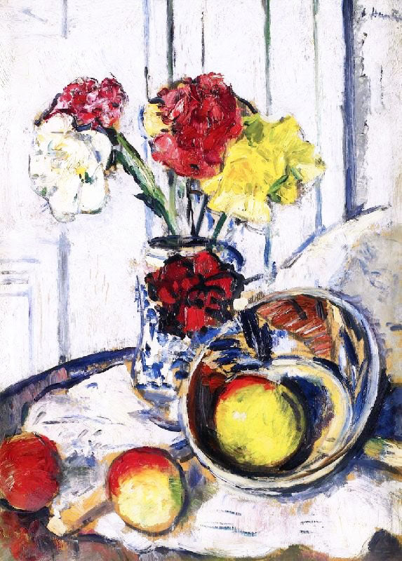 STILL LIFE OF APPLES AND FLOWERS IN A BLUE VASE