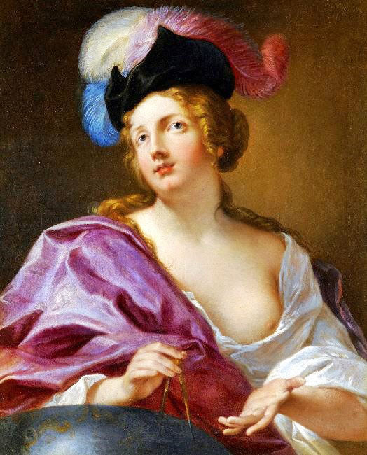 A FEMALE ASTRONOMER, WITH A GLOBE AND A PAIR OF COMPASSES