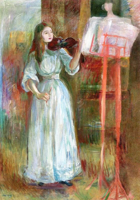Julie Manet Playing The Violin In A White Dress by Berthe Morisot