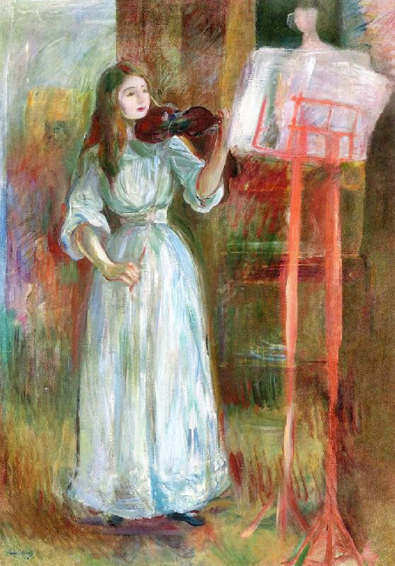 Julie Manet Playing The Violin In A White Dress by Berthe Morisot