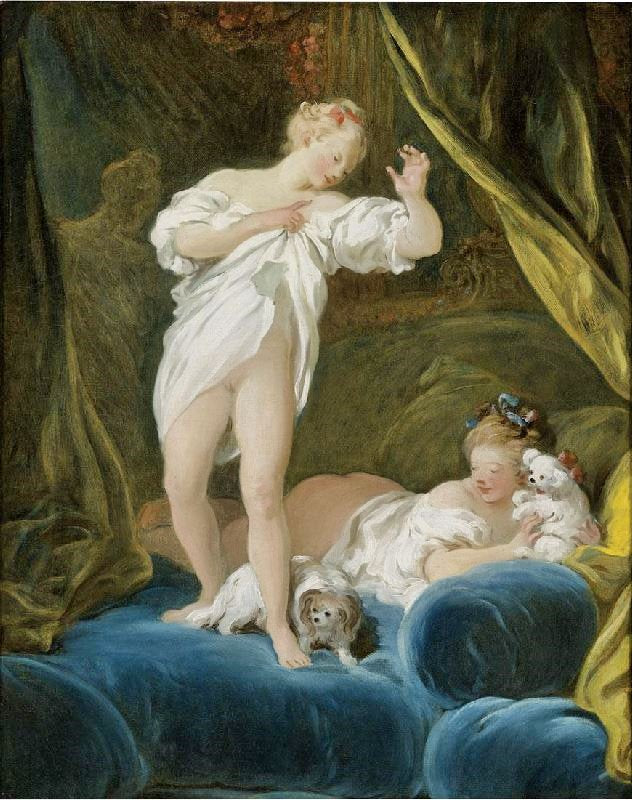 Two Girls On A Bed Playing With Their Dogs by Jean-Honore Fragonard