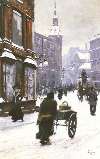 A Street Scene In Winter, Copenhagen by Paul-Gustave Fischer
