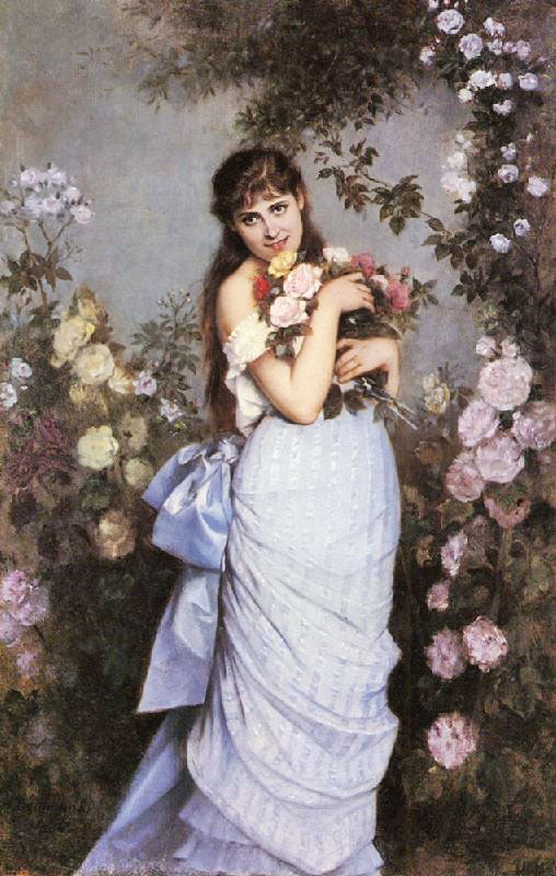 A Young Woman In A Rose Garden by Auguste Toulmouche
