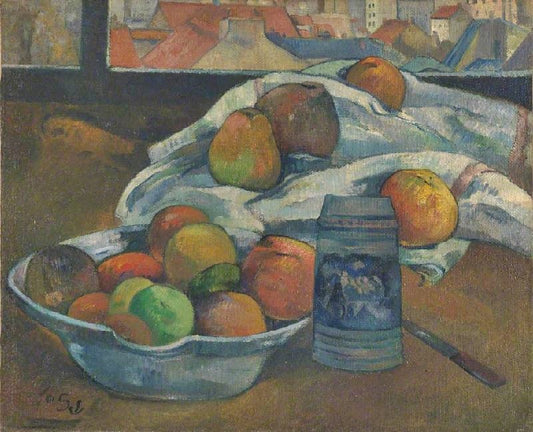 Bowl Of Fruit And Tankard Before A Window by Paul Gauguin