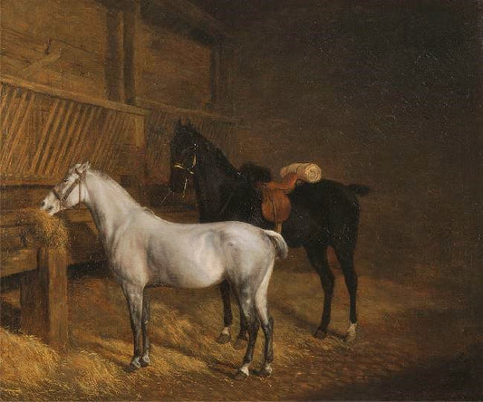 A Grey Pony And A Black Charger In A Stable by Jacques-Laurent Agasse