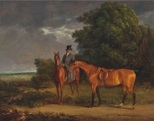 A Groom Mounted On A Chestnut Hunter, He Holds A Bay Hunter By The Reins by Jacques-Laurent Agasse