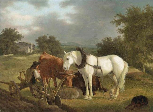 A Rural Landscape With A Ploughman Resting With His Grey Horse, Cattle And Dog by Jacques-Laurent Agasse